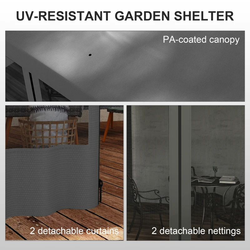 Outsunny 10' x 10' Wall Pergola, Outdoor Gazebo with 2 Curtains and 2 Nettings, UV Resistant, for Patio, Deck, Dark Grey