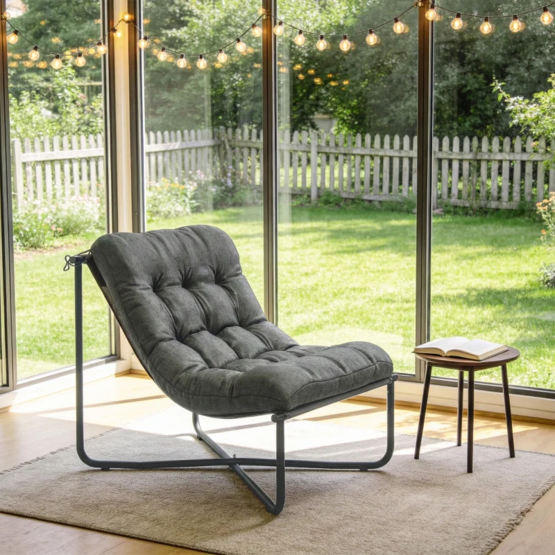 Outsunny Outdoor Patio Chair, Comfy Sling Lounge Chair with Cushion, Breathable Wide Seat, Steel Frame, Dark Grey