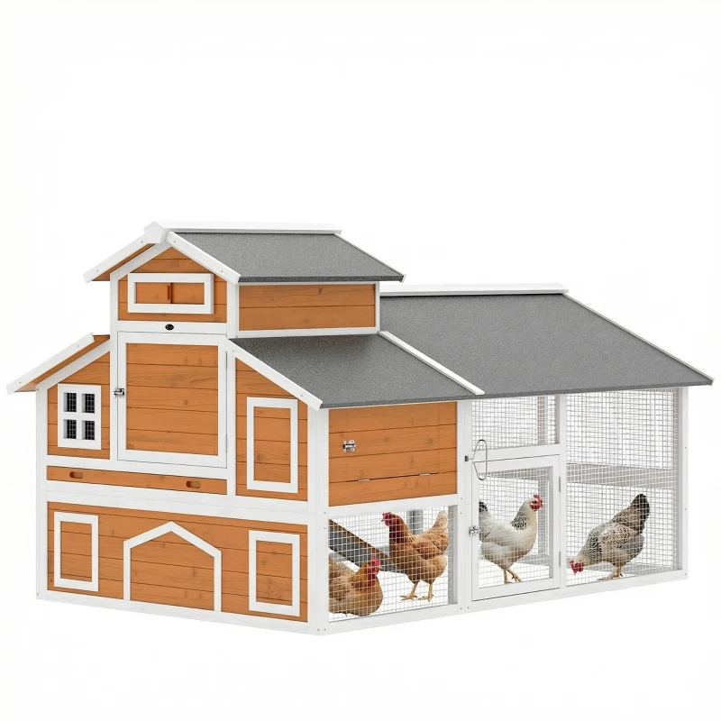 PawHut 79"L Chicken Coop with Run for 6 Chickens, Wooden Chicken House with Nesting Boxes and Pull-Out Tray