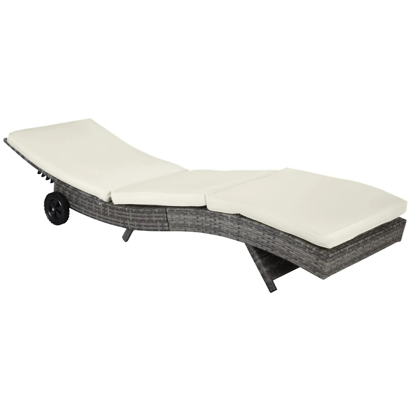 Outsunny Wicker Chaise Lounge Chair Outdoor PE Rattan Cushioned Patio Sun Lounger with 5-Level Adjustable Backrest & Wheels for Easy Movement, Cream White