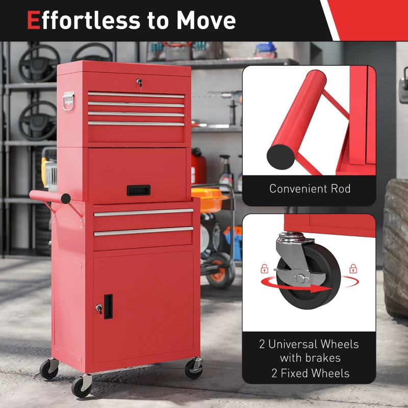 HOMCOM Large Tool Cabinet, 3-in-1 Rolling Tool Chest, Detachable Tool Storage Organizer with 6 Drawers and Pegboard, Red