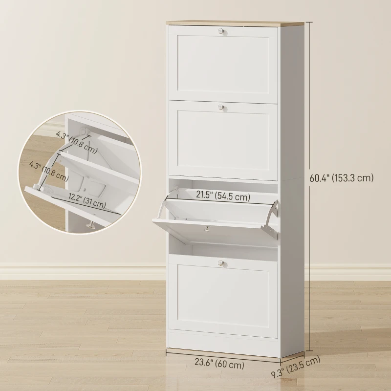 HOMCOM Modern Shoe Storage Cabinet with 4 Flip Drawers and Adjustable Shelves, Shoe Cabinet for 18-24 Pairs of Shoes, White