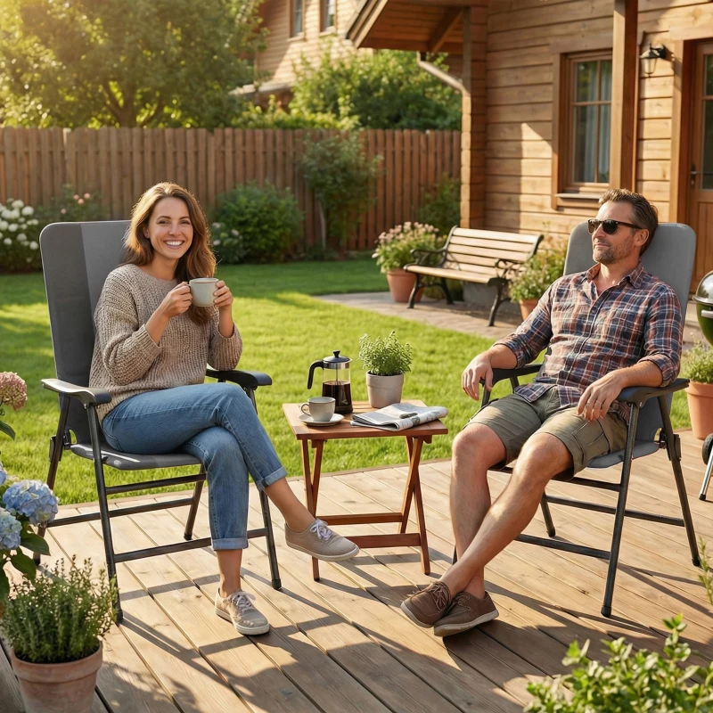 Outsunny Folding Patio Chairs Set of 2, Padded High Back Lawn Camping Chairs with Armrests, 600D Oxford Fabric, Light Gray