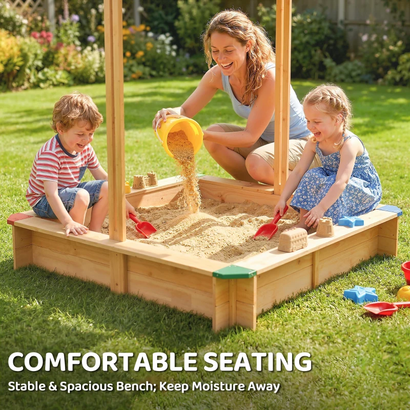 Outsunny Wooden Sandbox with Cover, Kids Sandbox Outdoor with Adjustable Canopy and Seats for Backyard, Beach, Light Brown
