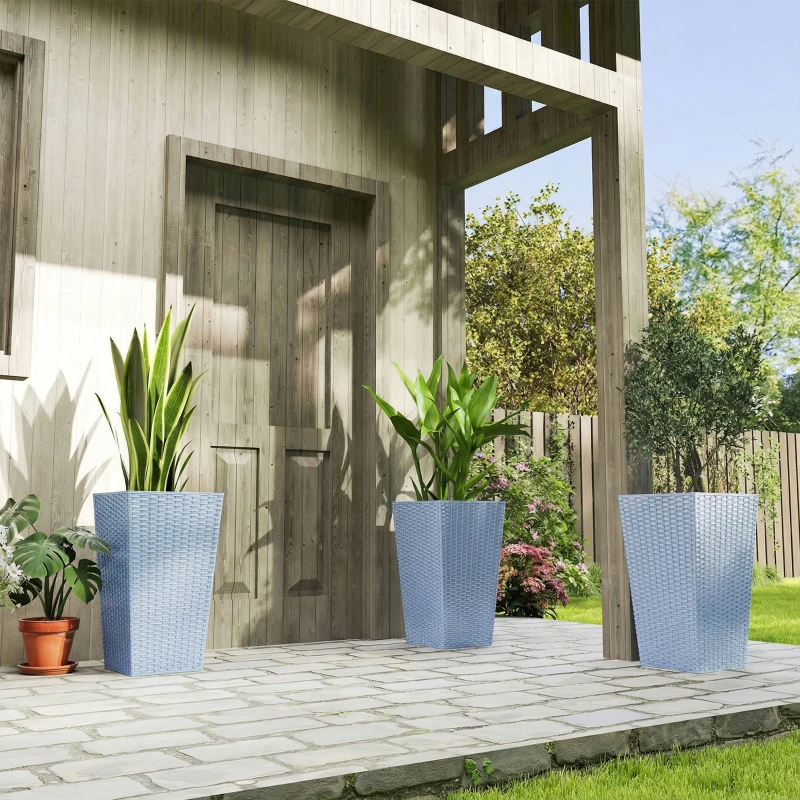 Outsunny Tall Planters for Outdoor Plants Set of 3, 24 In Taper Planters with Drainage Holes, Rattan Decor Plant Pots, Light Gray