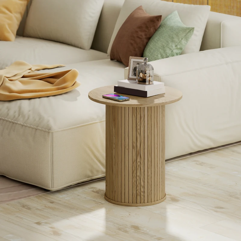 HOMCOM Round Side Table, Fluted Accent End Table, Narrow Nightstand for Small Spaces, Living Room, Oak