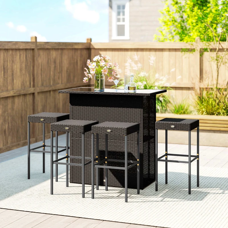 Outsunny 5 Piece Rattan Wicker Bar Set, High Top Outdoor Table and Chairs, Bar Height Patio Set, 2 Shelves & 4 Bar Stools, Brown