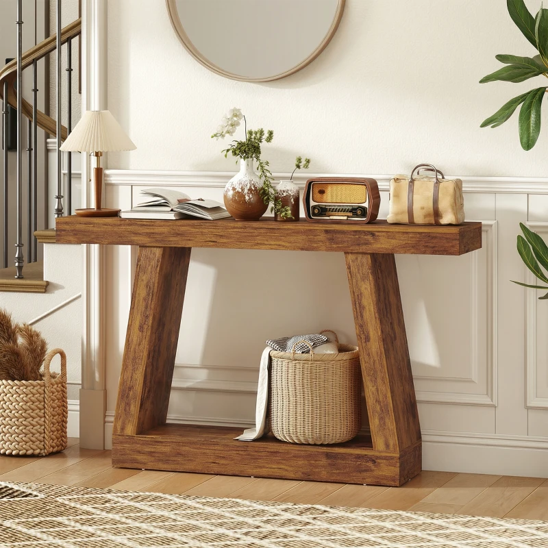 HOMCOM 55" Farmhouse Console Table, 2-Tier Entryway Table with Storage for Hallway, Living Room, Behind Couch, Rustic Brown