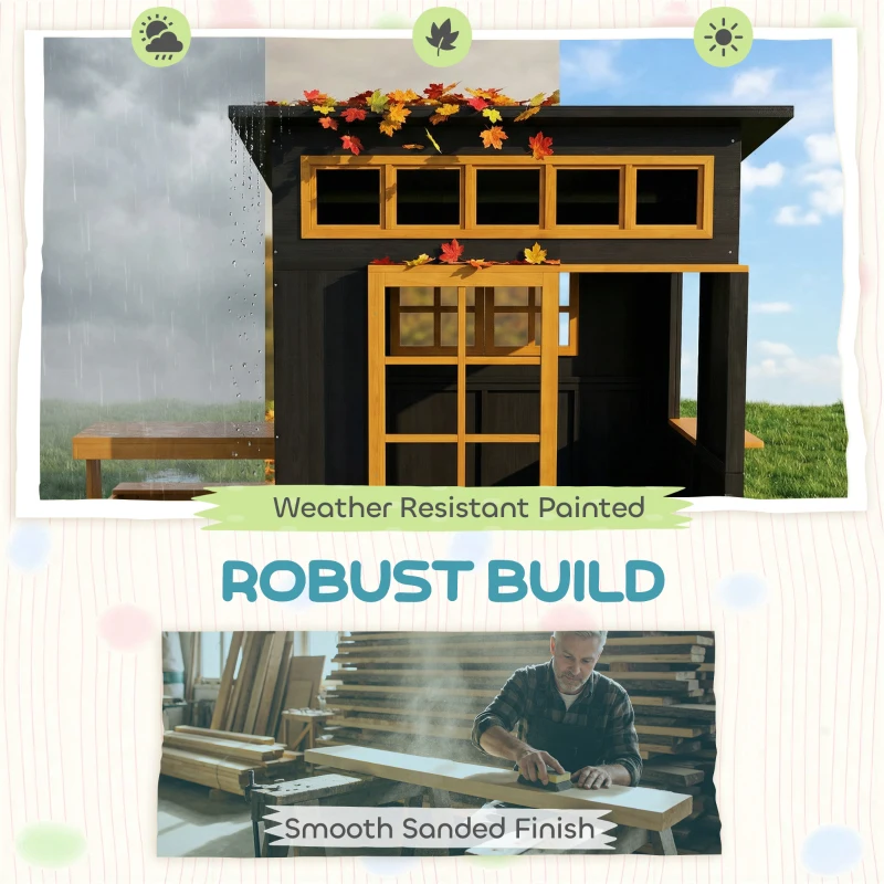 Qaba Outdoor Playhouse, Wooden Kids Playhouse w/ Picnic Table & Benches, Chalkboards, Half Door, Windows, for Kids Ages 3-8