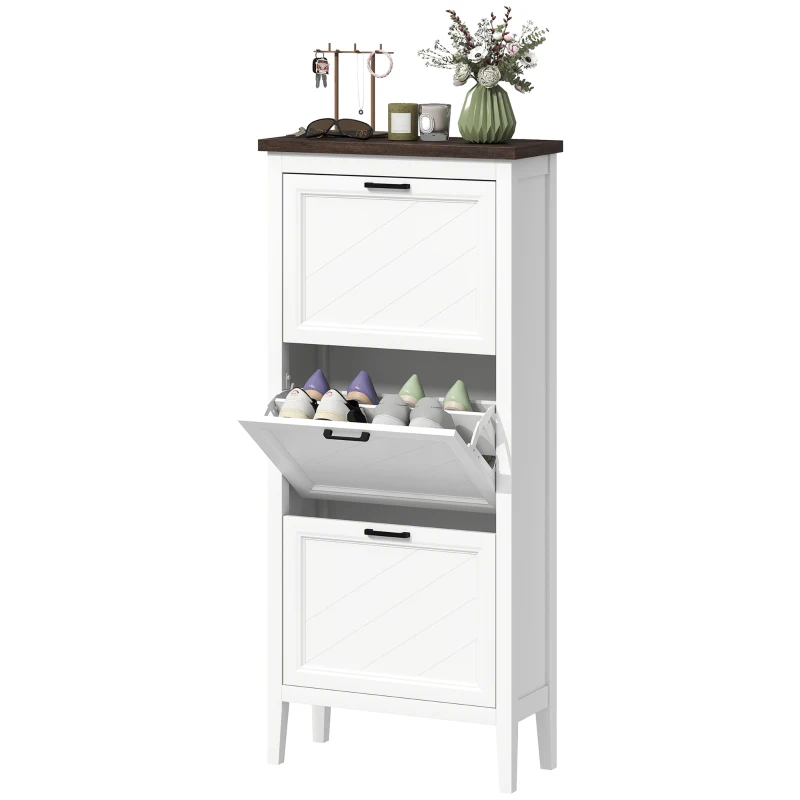 HOMCOM Shoe Cabinet with 3 Flip Drawers, Farmhouse Narrow Shoe Storage Cabinet with Adjustable Shelves, White