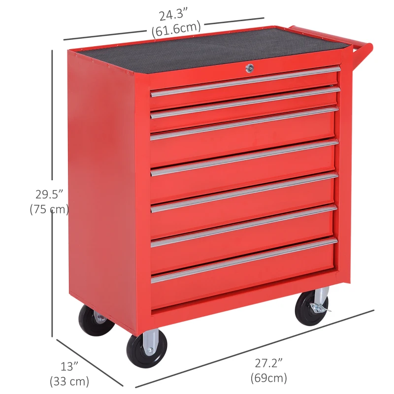 HOMCOM Rolling Tool Chest, 7-Drawer Lockable Tool Cabinet with 4 Wheels, Handle, Toolbox Storage Organizer for Garage, Workshop, Repair Shop, Red