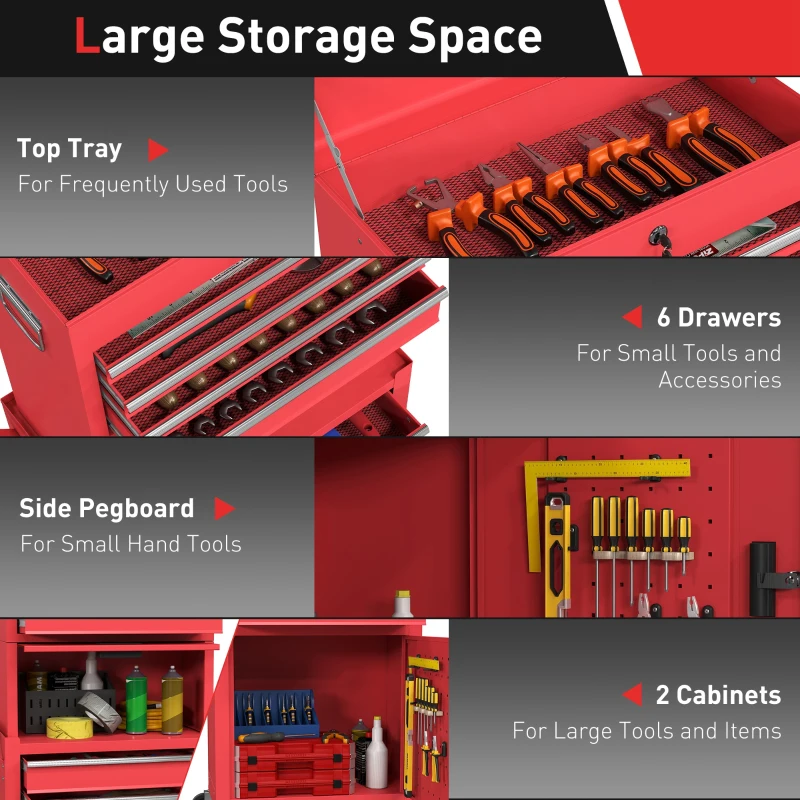 HOMCOM Large Tool Cabinet, 3-in-1 Rolling Tool Chest, Detachable Tool Storage Organizer with 6 Drawers and Pegboard, Red