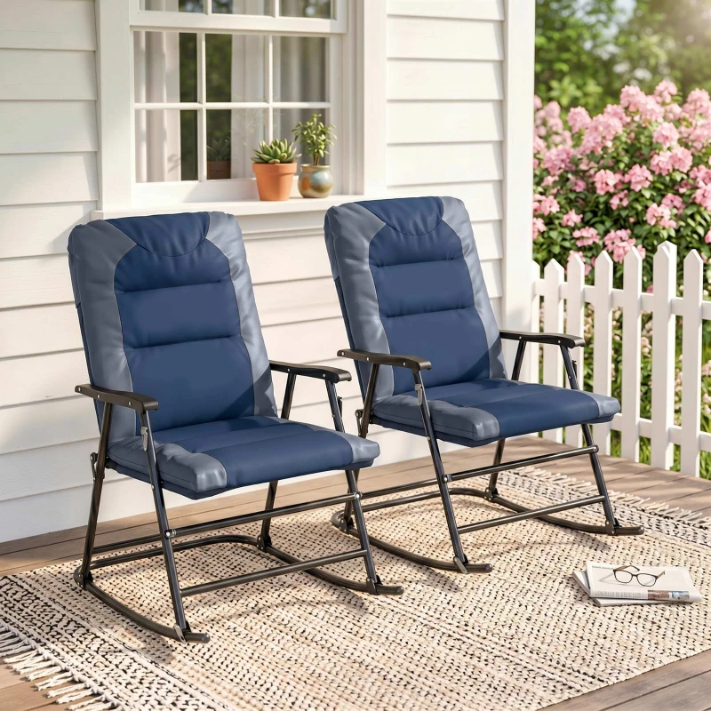 Outsunny Folding Rocking Chair Set of 2 Padded Rockers with Armrest, Navy Blue