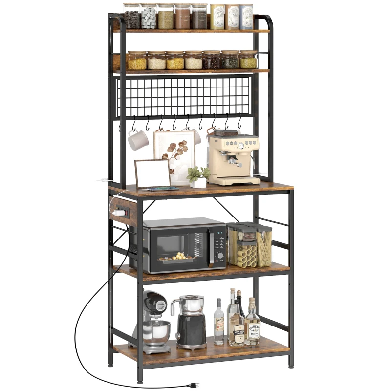 HOMCOM Kitchen Baker's Rack with Power Outlet and LED Light, 5-Tier Coffee Bar Station with 10 Hooks, Rustic Brown