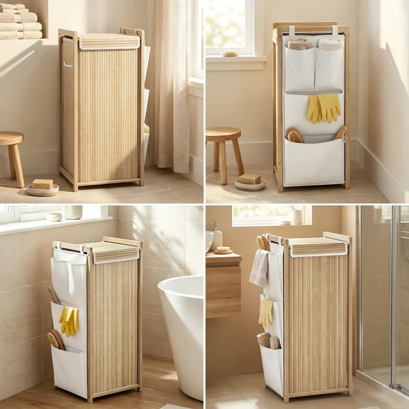 HOMCOM Bamboo Laundry Hamper with Removable Drawstring Bag and Side Storage Pockets, 19.8 Gal, Natural