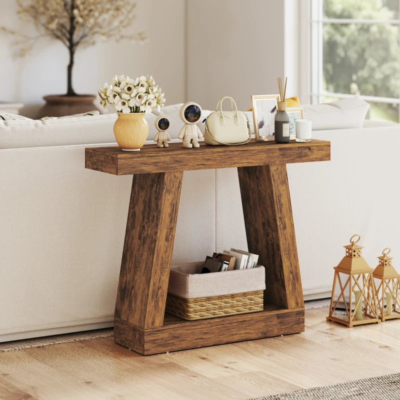 HOMCOM 42" Farmhouse Console Table, 2-Tier Entryway Table with Storage for Hallway, Living Room, Behind Couch, Rustic Brown