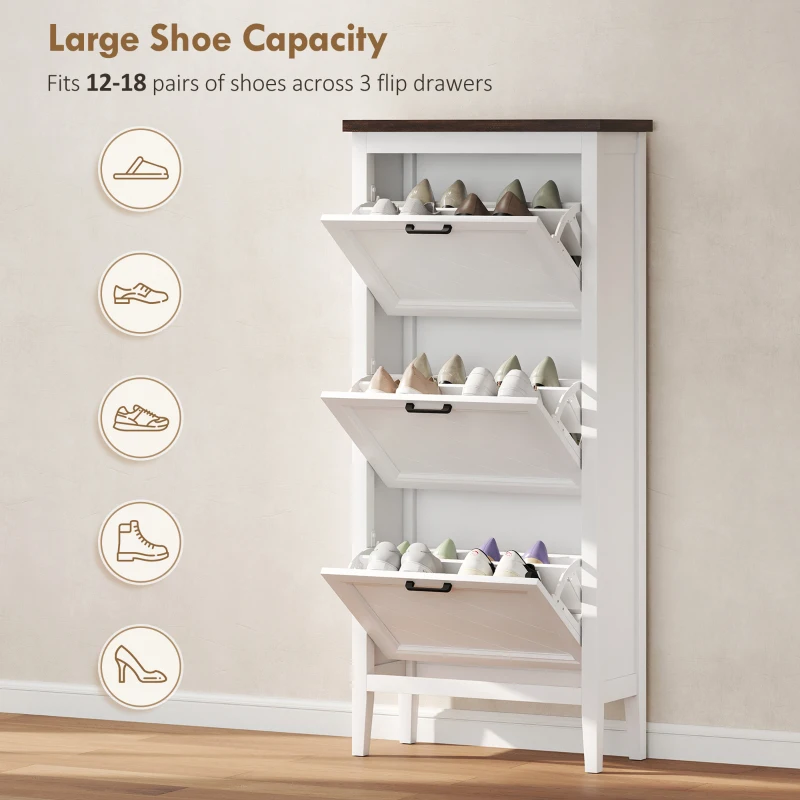 HOMCOM Shoe Cabinet with 3 Flip Drawers, Farmhouse Narrow Shoe Storage Cabinet with Adjustable Shelves, White