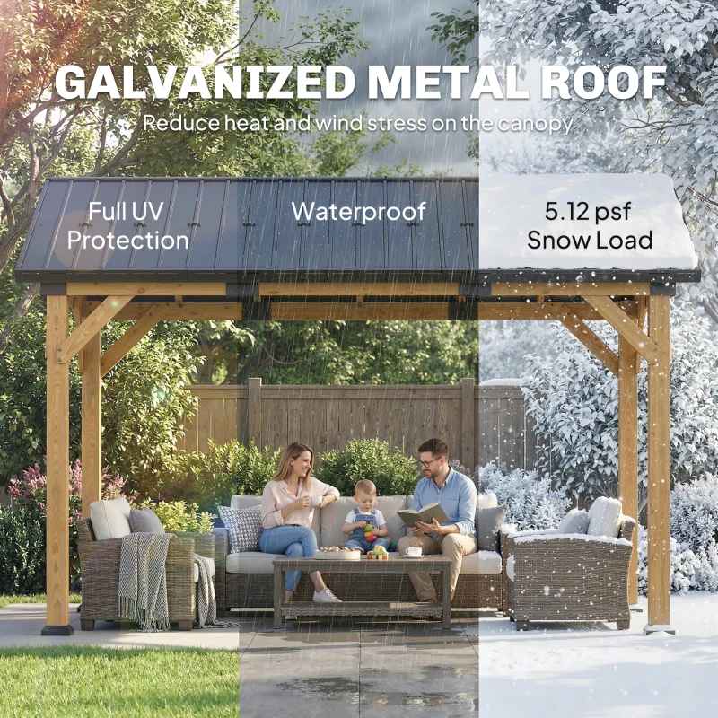 Outsunny 13' x 11' Hardtop Gazebo Canopy with Galvanised Metal Roof, Fir Wood Frame and Central Hook for Patio, Black Gray