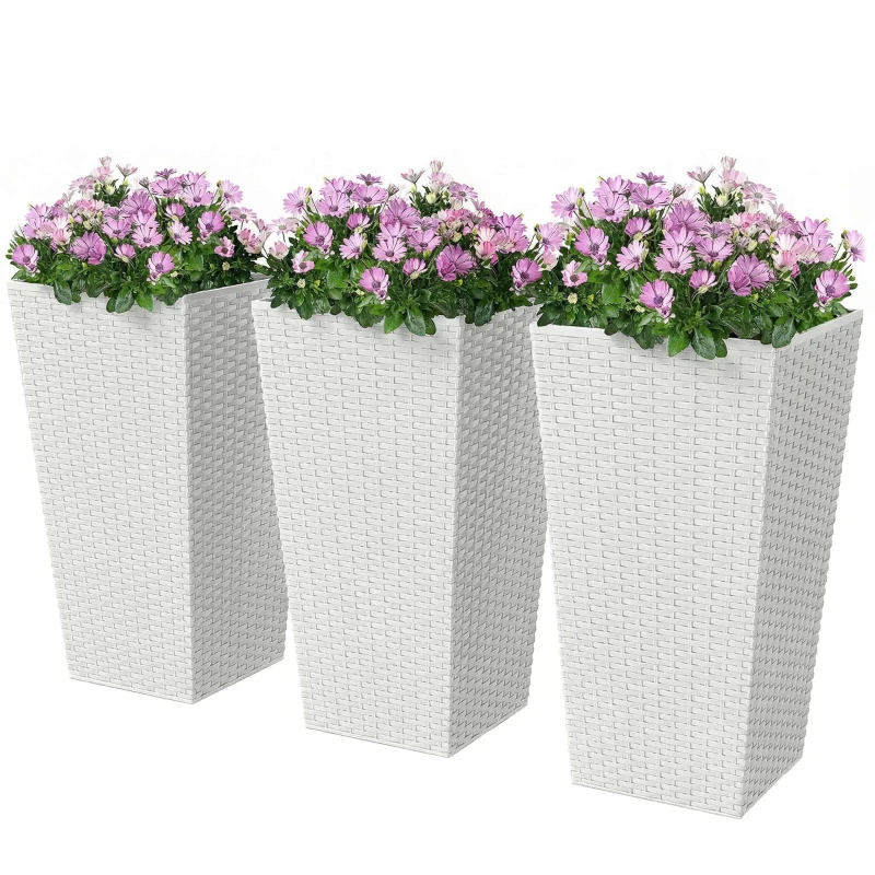 Outsunny Tall Planters for Outdoor Plants Set of 3, 24 In Taper Planters with Drainage Holes, Rattan Decor Plant Pots, White