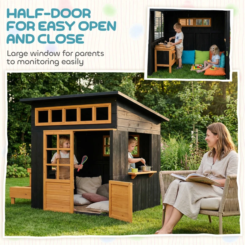 Qaba Outdoor Playhouse, Wooden Kids Playhouse w/ Picnic Table & Benches, Chalkboards, Half Door, Windows, for Kids Ages 3-8