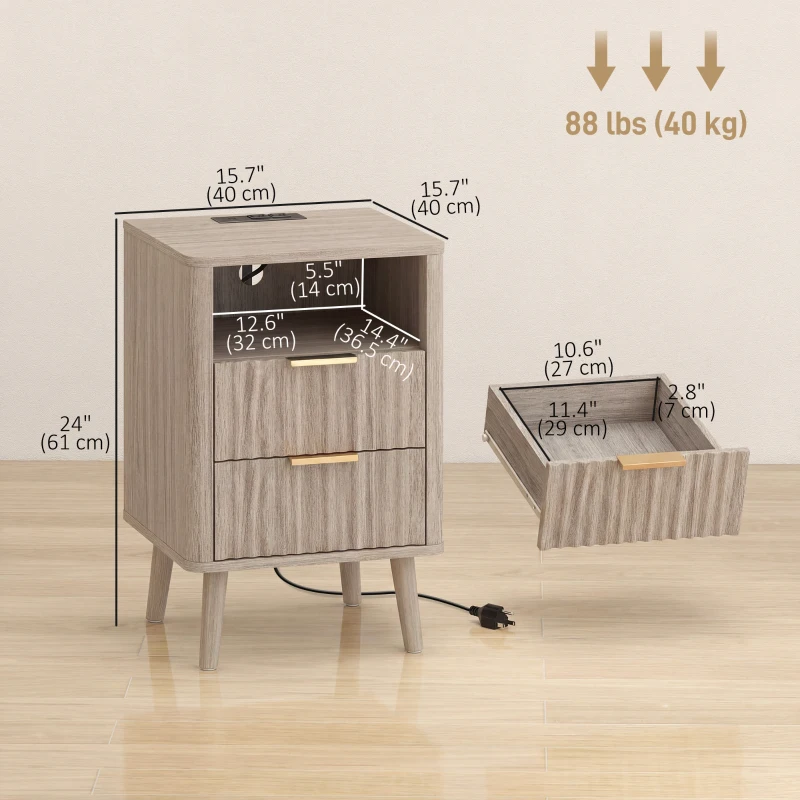 HOMCOM Nightstands Set of 2, Modern Bedside Tables with Charging Station, 2 Drawers and Open Shelf, Grey