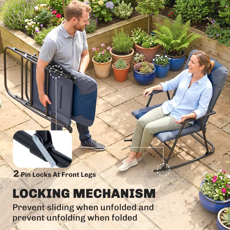 Outsunny Folding Rocking Chair Set of 2 Padded Rockers with Armrest, Navy Blue