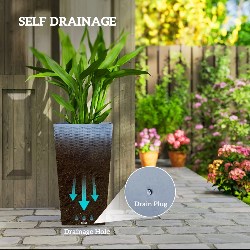 Outsunny Tall Planters for Outdoor Plants Set of 3, 24 In Taper Planters with Drainage Holes, Rattan Decor Plant Pots, Light Gray
