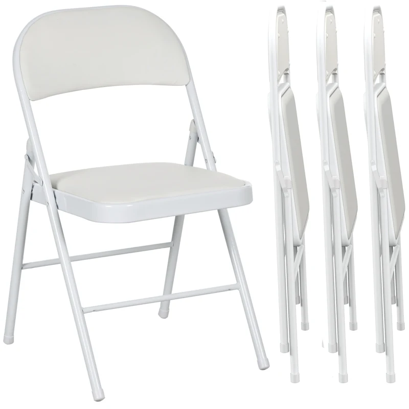 HOMCOM Set of 4 Metal Foldable Chairs, PU Leather Padded Folding Chairs with Cushion Seat and Open Back for Indoor, White