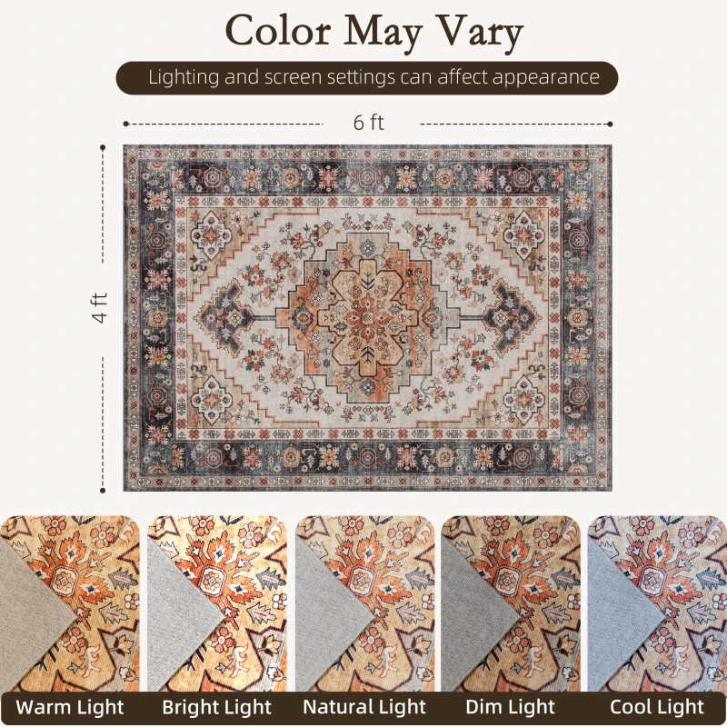 HOMCOM Area Rug 4x6, Machine Washable Rug, Non-Slip Boho Print Pattern Medallion Carpet for Living Room, Bedroom, Tawny Brown