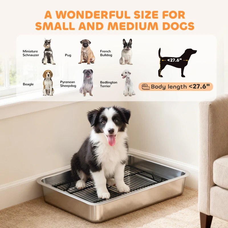 PawHut Dog Potty Tray Stainless Steel for Small and Medium Dogs, Dog Training Tray for Porch, Bathroom, Balcony, 28" x 20" x 4"