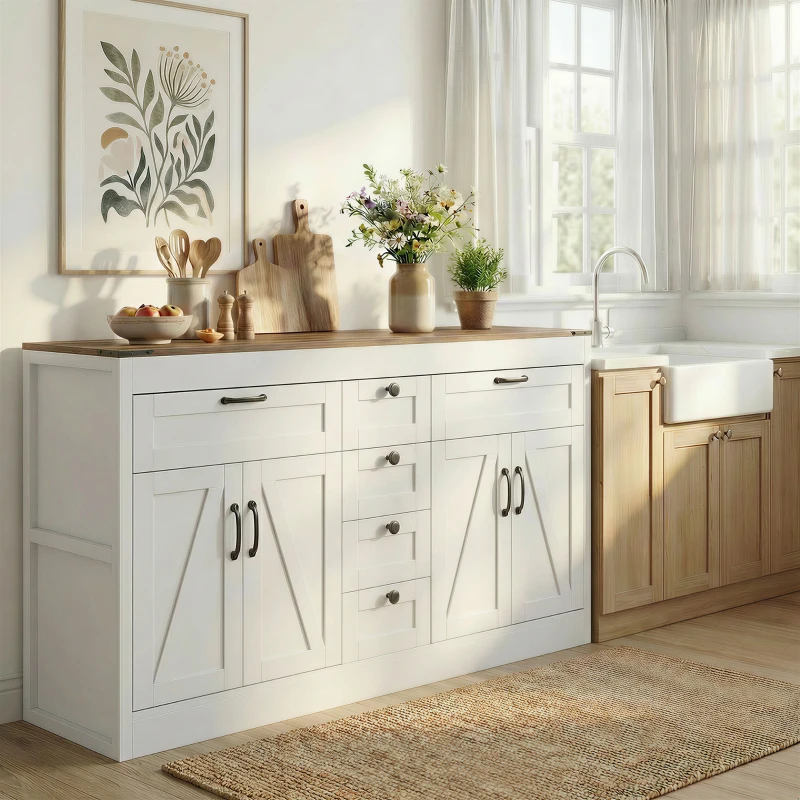 HOMCOM Sideboard Buffet Cabinet, 55" Farmhouse Kitchen Cabinet with 4 Barn Doors, 6 Drawers and 2 Adjustable Shelves, White