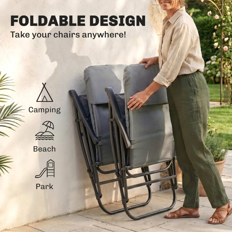 Outsunny Folding Rocking Chair Set of 2 Padded Rockers with Armrest, Light Grey