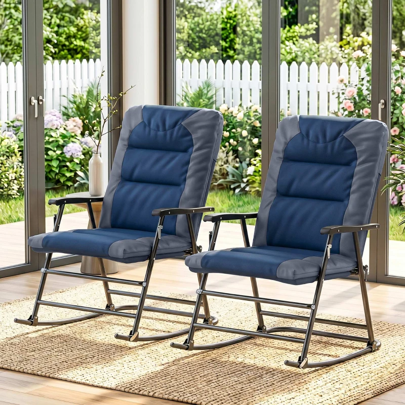 Outsunny Folding Rocking Chair Set of 2 Padded Rockers with Armrest, Navy Blue