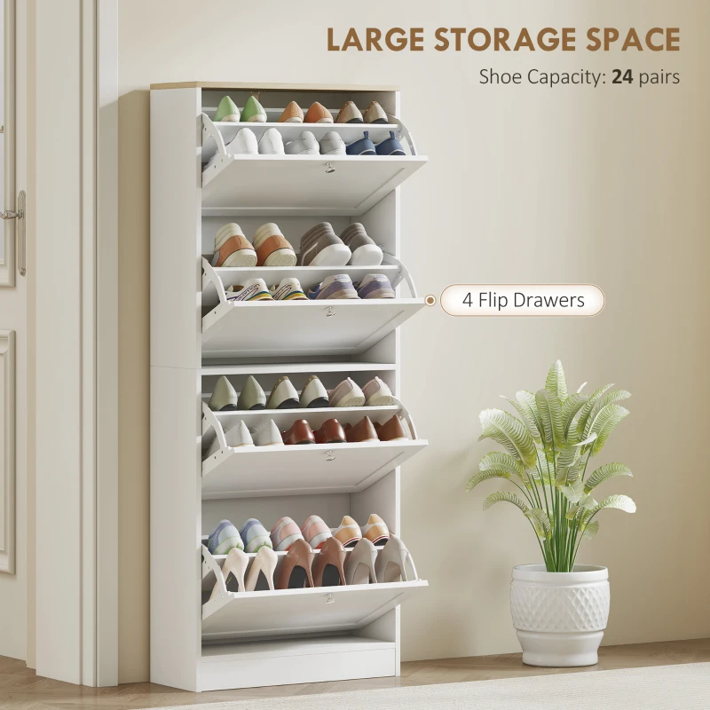 HOMCOM Modern Shoe Storage Cabinet with 4 Flip Drawers and Adjustable Shelves, Shoe Cabinet for 18-24 Pairs of Shoes, White