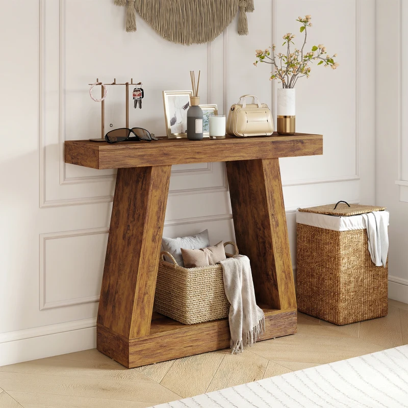 HOMCOM 42" Farmhouse Console Table, 2-Tier Entryway Table with Storage for Hallway, Living Room, Behind Couch, Rustic Brown
