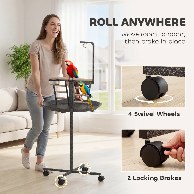 PawHut Bird Stand with Wheels Parrot Play Stand with Round Tray Stainless Steel Feed Bowls Indoor Outdoor Dark Gray