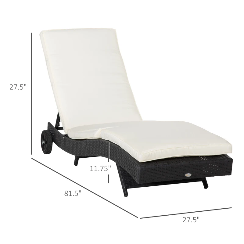 Outsunny Wicker Chaise Lounge Chair Outdoor PE Rattan Cushioned Patio Sun Lounger with 5-Level Adjustable Backrest & Wheels for Easy Movement, Cream White