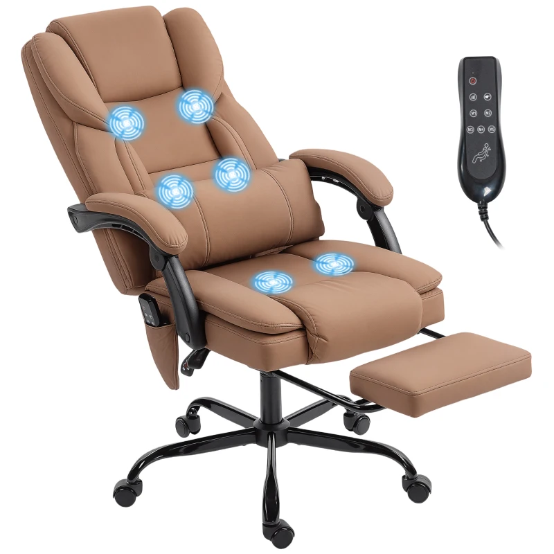 HOMCOM Office Chair with Massage, Pet-Friendly Faux Leather Reclining Desk Chair with Lumbar Support, Footrest, Brown
