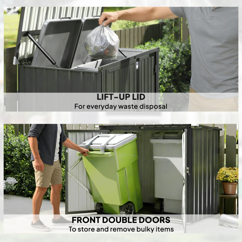 Outsunny Outdoor Storage Shed Lockable Galvanized Steel Garbage Bin Shed Lift-up Lid for 2 Trash Cans