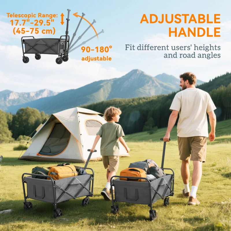 Outsunny Collapsible Folding Garden Cart, Heavy Duty Lawn Wagon with Universal Wheels and Adjustable Handle, Grey