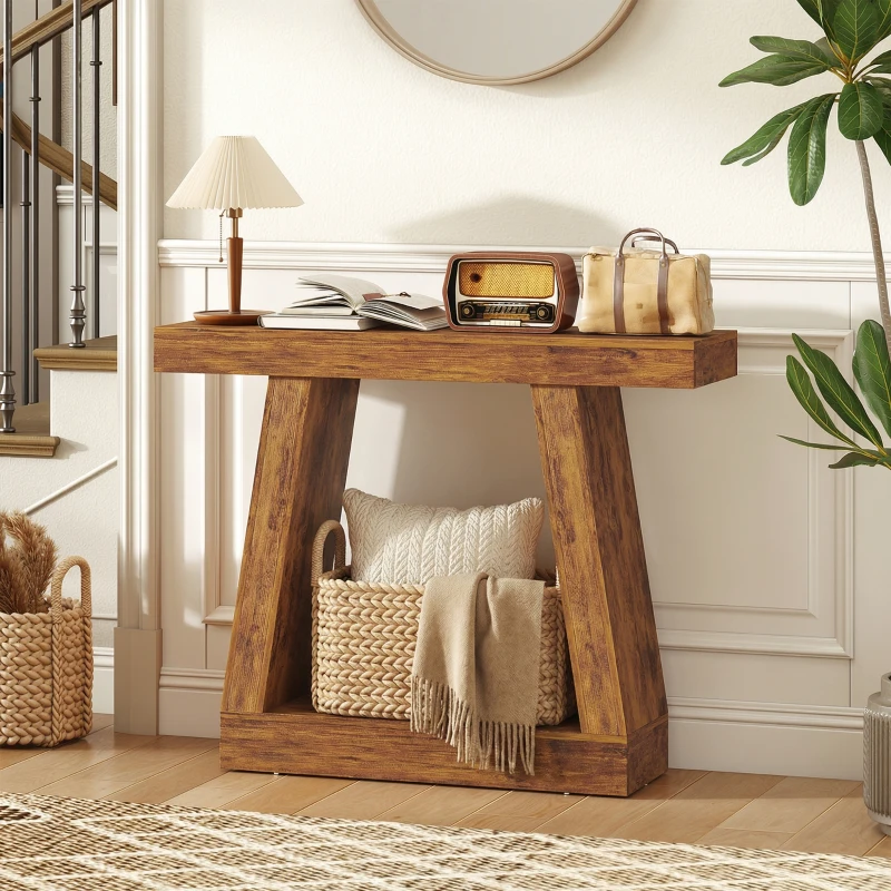 HOMCOM 42" Farmhouse Console Table, 2-Tier Entryway Table with Storage for Hallway, Living Room, Behind Couch, Rustic Brown