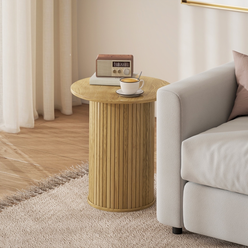 HOMCOM Round Side Table, Fluted Accent End Table, Narrow Nightstand for Small Spaces, Living Room, Oak