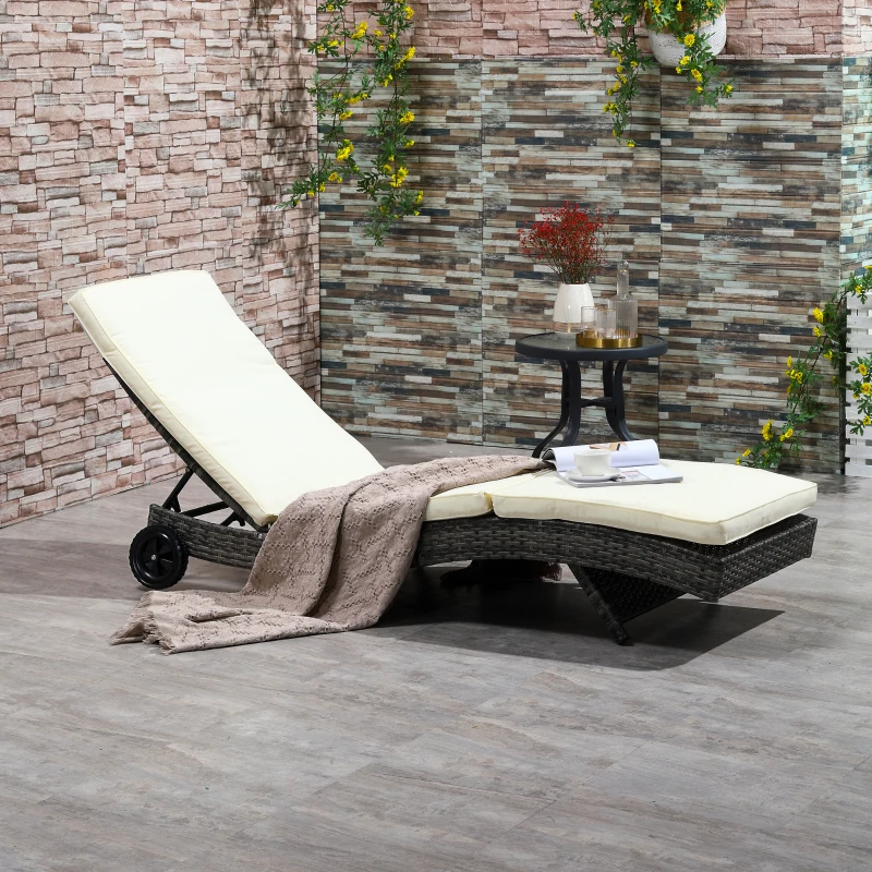 Outsunny Wicker Chaise Lounge Chair Outdoor PE Rattan Cushioned Patio Sun Lounger with 5-Level Adjustable Backrest & Wheels for Easy Movement, Cream White