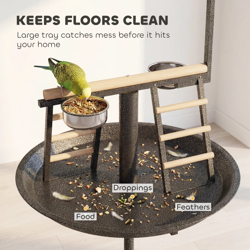 PawHut Bird Stand with Wheels Parrot Play Stand with Round Tray Stainless Steel Feed Bowls Indoor Outdoor Dark Gray