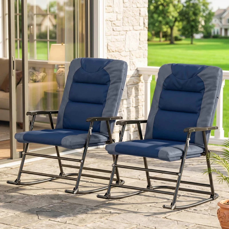 Outsunny Folding Rocking Chair Set of 2 Padded Rockers with Armrest, Navy Blue