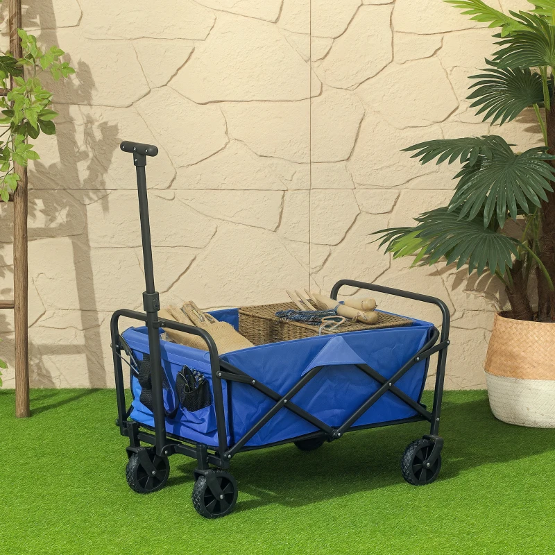 Outsunny Collapsible Folding Garden Cart, Heavy Duty Lawn Wagon with Universal Wheels and Adjustable Handle, Blue