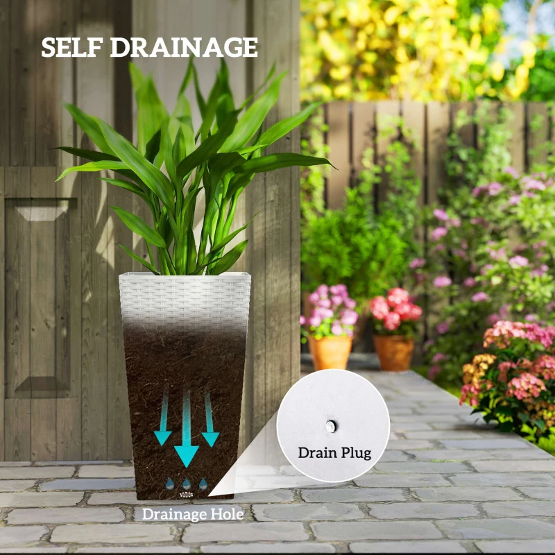 Outsunny Tall Planters for Outdoor Plants Set of 3, 24 In Taper Planters with Drainage Holes, Rattan Decor Plant Pots, White