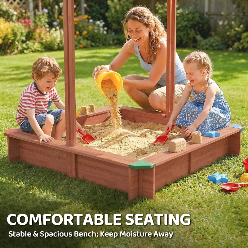 Outsunny Wooden Sandbox with Cover, Kids Sandbox Outdoor with Adjustable Canopy and Seats for Backyard, Beach, Dark Brown