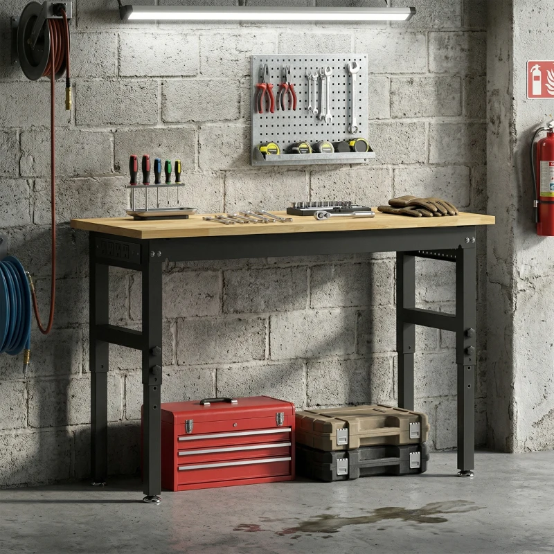 HOMCOM 48" Adjustable Workbench, Heavy Duty Work Table with Rubber Wood Top, Power Outlets, Pegboard, 2000 LBS Capacity