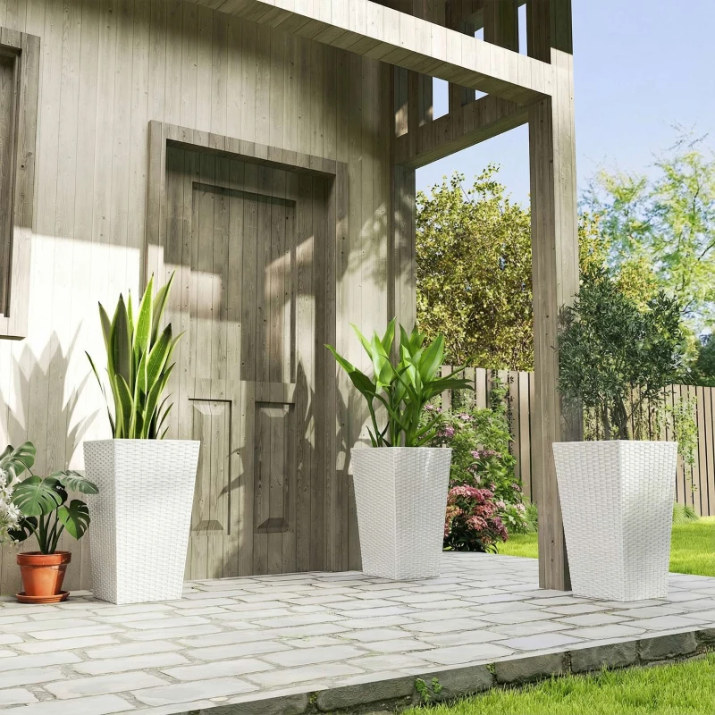 Outsunny Tall Planters for Outdoor Plants Set of 3, 24 In Taper Planters with Drainage Holes, Rattan Decor Plant Pots, White